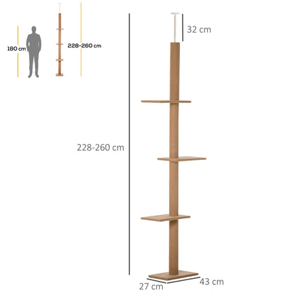 260cm Floor to Ceiling Cat Tree with 3 Perches Flannel Upholstery - Brown