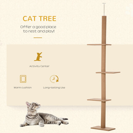 260cm Floor to Ceiling Cat Tree with 3 Perches Flannel Upholstery - Brown