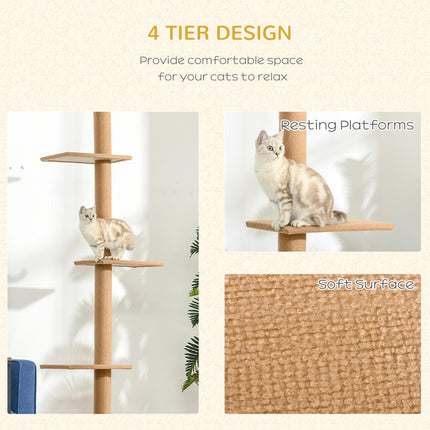 260cm Floor to Ceiling Cat Tree with 3 Perches Flannel Upholstery - Brown