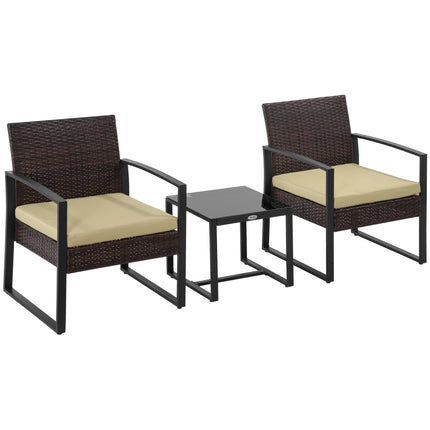 3 Piece PE Rattan Garden Bistro Set with Cushioned Seats - Beige