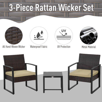 3 Piece PE Rattan Garden Bistro Set with Cushioned Seats - Beige