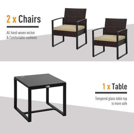 3 Piece PE Rattan Garden Bistro Set with Cushioned Seats - Beige