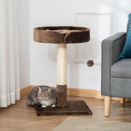 Small Indoor Cat Tree with Sisal Scratching Post, Bed Cushion & Ball Toy - Brown