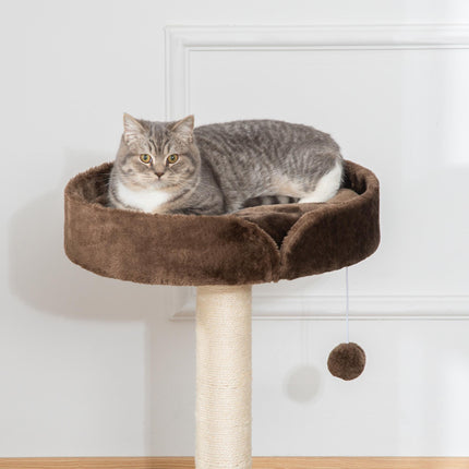 Small Indoor Cat Tree with Sisal Scratching Post, Bed Cushion & Ball Toy - Brown