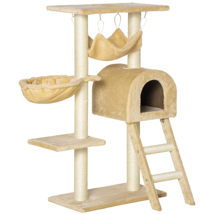 Cat Tree Tower Kitten Activity Centre with Scratching Post, Hammock, Condo, Basket & Ladder 98 cm - Beige