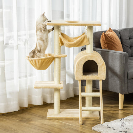 Cat Tree Tower Kitten Activity Centre with Scratching Post, Hammock, Condo, Basket & Ladder 98 cm - Beige