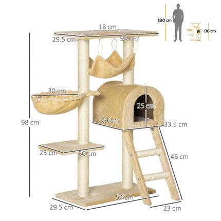 Cat Tree Tower Kitten Activity Centre with Scratching Post, Hammock, Condo, Basket & Ladder 98 cm - Beige