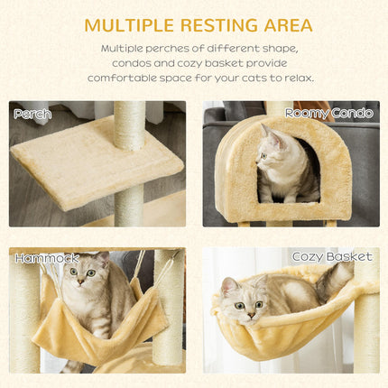 Cat Tree Tower Kitten Activity Centre with Scratching Post, Hammock, Condo, Basket & Ladder 98 cm - Beige