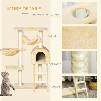 Cat Tree Tower Kitten Activity Centre with Scratching Post, Hammock, Condo, Basket & Ladder 98 cm - Beige