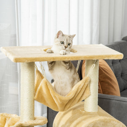Cat Tree Tower Kitten Activity Centre with Scratching Post, Hammock, Condo, Basket & Ladder 98 cm - Beige