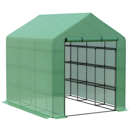 Poly Tunnel Steeple Walk-In Garden Greenhouse with Removable Cover & Shelves 244x180x210cm - Green
