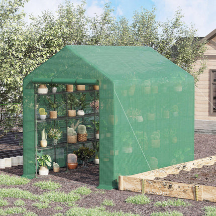 Poly Tunnel Steeple Walk-In Garden Greenhouse with Removable Cover & Shelves 244x180x210cm - Green