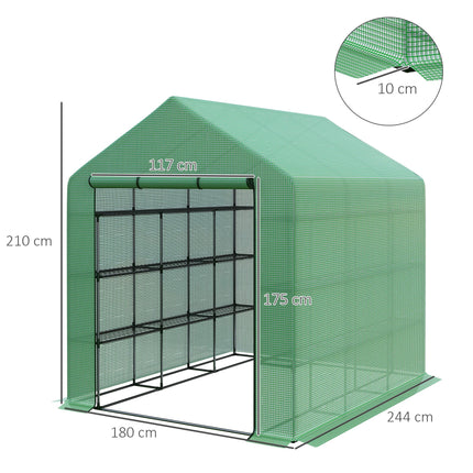 Poly Tunnel Steeple Walk-In Garden Greenhouse with Removable Cover & Shelves 244x180x210cm - Green