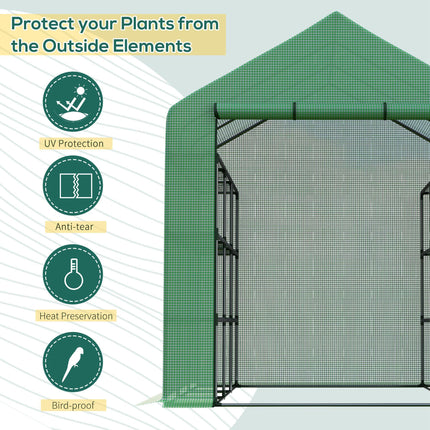 Poly Tunnel Steeple Walk-In Garden Greenhouse with Removable Cover & Shelves 244x180x210cm - Green
