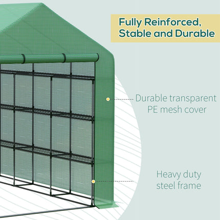 Poly Tunnel Steeple Walk-In Garden Greenhouse with Removable Cover & Shelves 244x180x210cm - Green