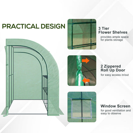 Walk-In Lean-To Greenhouse with 6 Shelves and Windows - Green