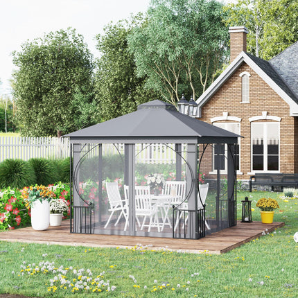 3x3 Metre Garden Gazebo with Mesh Sides and Metal Frame - Light Grey