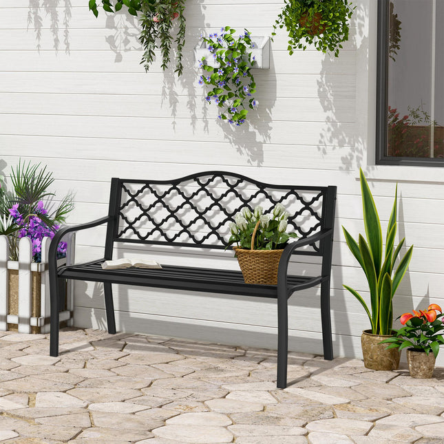 2 Seater Cast Iron Garden Bench with Armrests - Matte Black