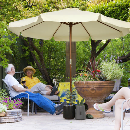 3.3m Patio Umbrella with Bamboo Ribs and Wood Pole, Ruffled Canopy - Beige