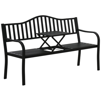 Metal Outdoor Bench with Liftable Middle Table, Patio Loveseat, Garden Bench for Garden, Porch, Seats 2–3 People, Black