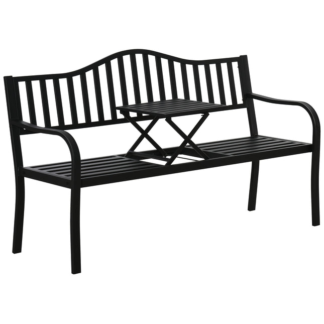 Metal Outdoor Bench with Liftable Middle Table, Patio Loveseat, Garden Bench for Garden, Porch, Seats 2–3 People, Black