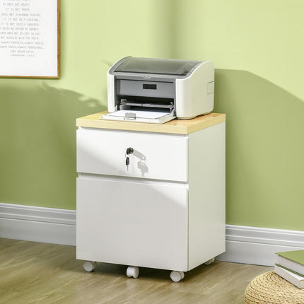 2-Drawer Mobile Filing Cabinet with Lock and Hanging Bars for A4 Files - White