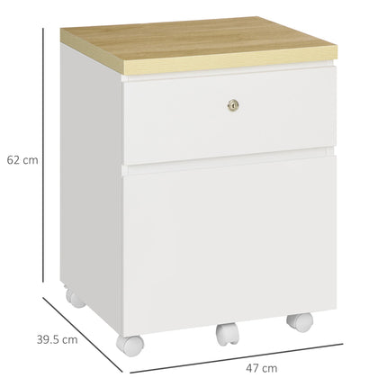 2-Drawer Mobile Filing Cabinet with Lock and Hanging Bars for A4 Files - White
