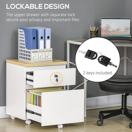 2-Drawer Mobile Filing Cabinet with Lock and Hanging Bars for A4 Files - White