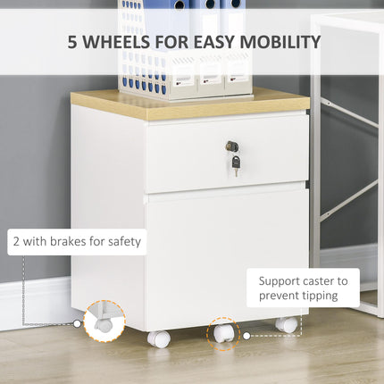 2-Drawer Mobile Filing Cabinet with Lock and Hanging Bars for A4 Files - White
