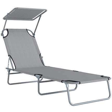 Adjustable Folding Reclining Lounger with Sun Shade Awning for Outdoor Patio Beach Garden - Light Grey