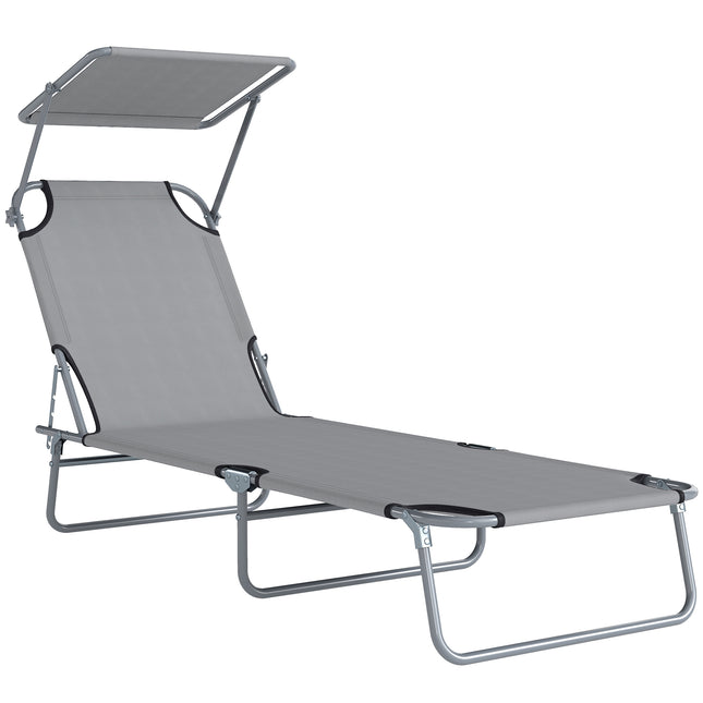 Adjustable Folding Reclining Lounger with Sun Shade Awning for Outdoor Patio Beach Garden - Light Grey