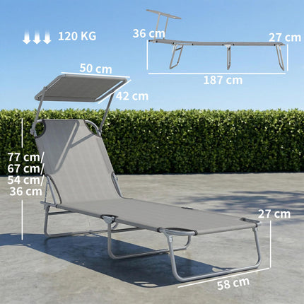 Adjustable Folding Reclining Lounger with Sun Shade Awning for Outdoor Patio Beach Garden - Light Grey