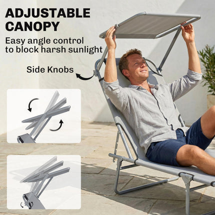 Adjustable Folding Reclining Lounger with Sun Shade Awning for Outdoor Patio Beach Garden - Light Grey