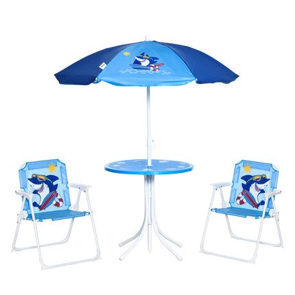 4 Piece Kids Picnic Table Set with Adjustable Umbrella and Shark Design - Blue