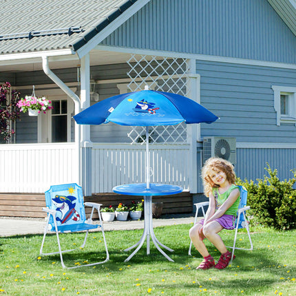 4 Piece Kids Picnic Table Set with Adjustable Umbrella and Shark Design - Blue