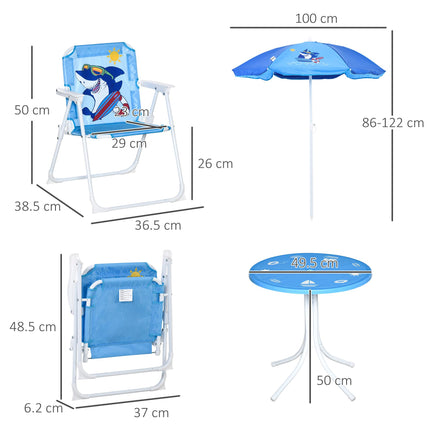 4 Piece Kids Picnic Table Set with Adjustable Umbrella and Shark Design - Blue