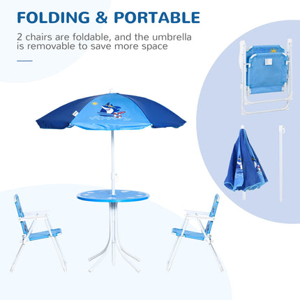 4 Piece Kids Picnic Table Set with Adjustable Umbrella and Shark Design - Blue