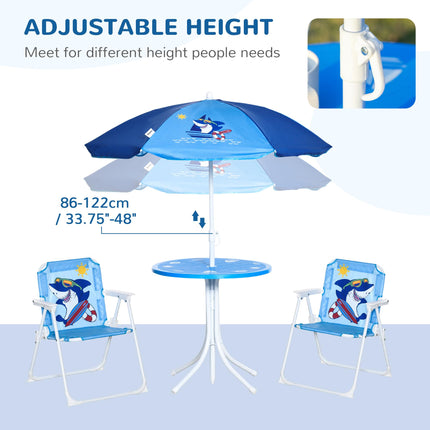 4 Piece Kids Picnic Table Set with Adjustable Umbrella and Shark Design - Blue