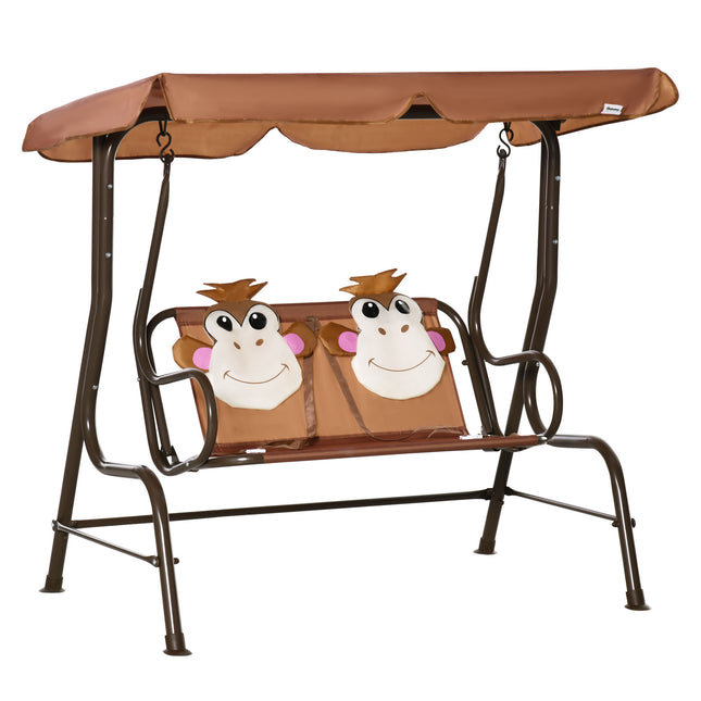 Kids Double Canopy Swing Chair with Adjustable Awning and Safety Seatbelts - Coffee