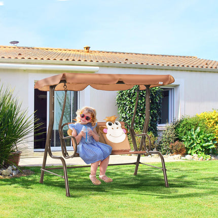 Kids Double Canopy Swing Chair with Adjustable Awning and Safety Seatbelts - Coffee
