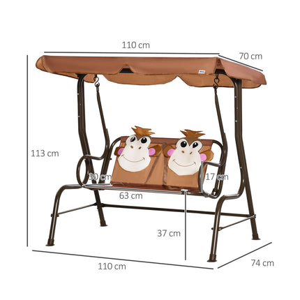 Kids Double Canopy Swing Chair with Adjustable Awning and Safety Seatbelts - Coffee