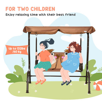Kids Double Canopy Swing Chair with Adjustable Awning and Safety Seatbelts - Coffee