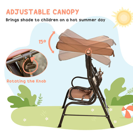 Kids Double Canopy Swing Chair with Adjustable Awning and Safety Seatbelts - Coffee