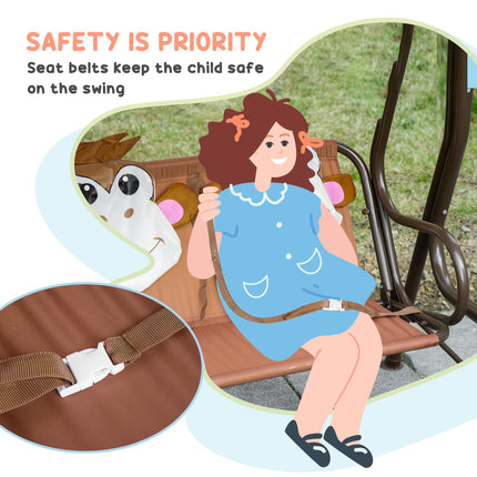 Kids Double Canopy Swing Chair with Adjustable Awning and Safety Seatbelts - Coffee
