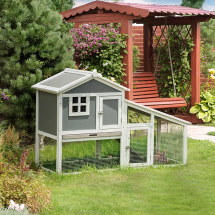 Wooden 2-Tier Rabbit Hutch with Guinea Pig Cage and Bunny Run, Sunlight Panel Roof, Slide-Out Tray - Grey