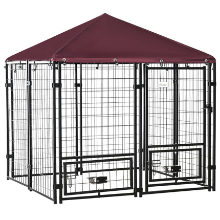 Outdoor Dog Kennel with Rotating Bowl Holders, Water and UV-Resistant Cover, for