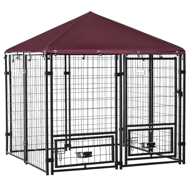 Outdoor Dog Kennel with Rotating Bowl Holders, Water and UV-Resistant Cover, for