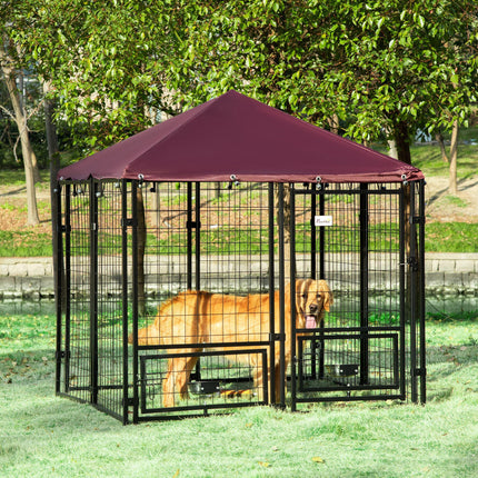 Outdoor Dog Kennel with Rotating Bowl Holders, Water and UV-Resistant Cover, for