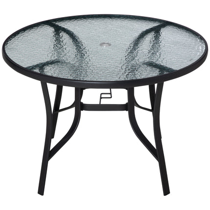 106cm Round Garden Dining Table with Tempered Glass Top and Steel Frame - Black