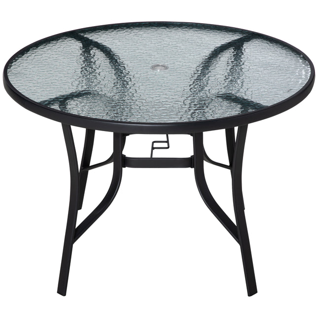 106cm Round Garden Dining Table with Tempered Glass Top and Steel Frame - Black